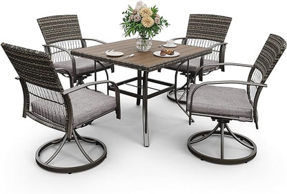 Pamapic 5 Piece Outdoor Dining Set, Rattan Outdoor Patio Furniture Set for Deck Backyard with Plastic-Wood Outdoor Dining Table, 4 Swivel Outdoor Dining Chairs and Removable Cushions (Gray)