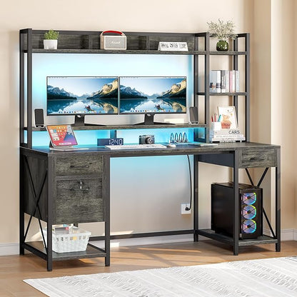 YITAHOME Computer Desk with Drawers & Hutch, 59.1" Office Desk with LED Lights & Power Outlets, Gaming Desk with Monitor Stand & Storage Shelves, Grey