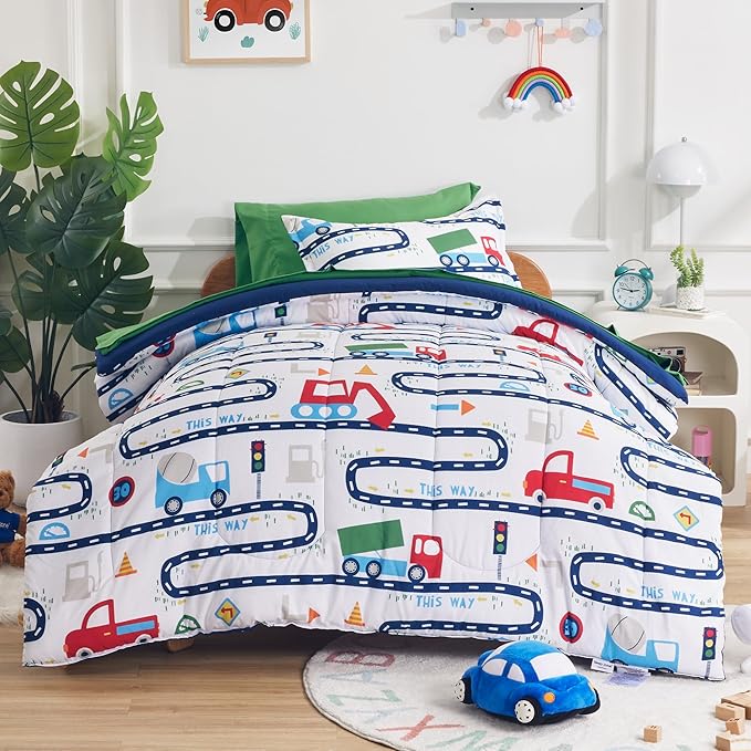 SLEEP ZONE Kids Bedding Comforter Set Full/Queen Size - Super Cute & Soft Kids Bedding 7 Pieces Set with Comforter, Sheet, Pillowcase & Sham (Road Trip, Full/Queen)