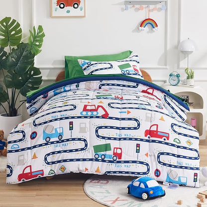 SLEEP ZONE Kids Bedding Comforter Set Full/Queen Size - Super Cute & Soft Kids Bedding 7 Pieces Set with Comforter, Sheet, Pillowcase & Sham (Road Trip, Full/Queen)