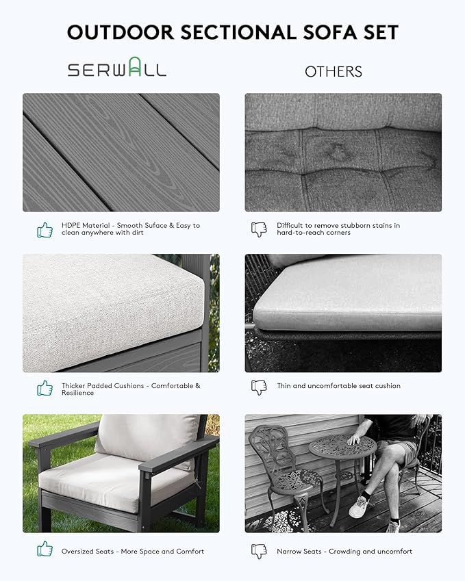 SERWALL HDPE Patio Coversation Set, 7-piece Outdoor Sectional Sofa Set, All Weather Patio Couch Set Patio Furniture for Balcony, Deck, Grey Frame with Khaki Cushion