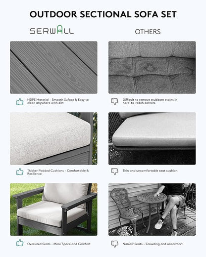 SERWALL HDPE Patio Coversation Set, 7-piece Outdoor Sectional Sofa Set, All Weather Patio Couch Set Patio Furniture for Balcony, Deck, Grey Frame with Khaki Cushion
