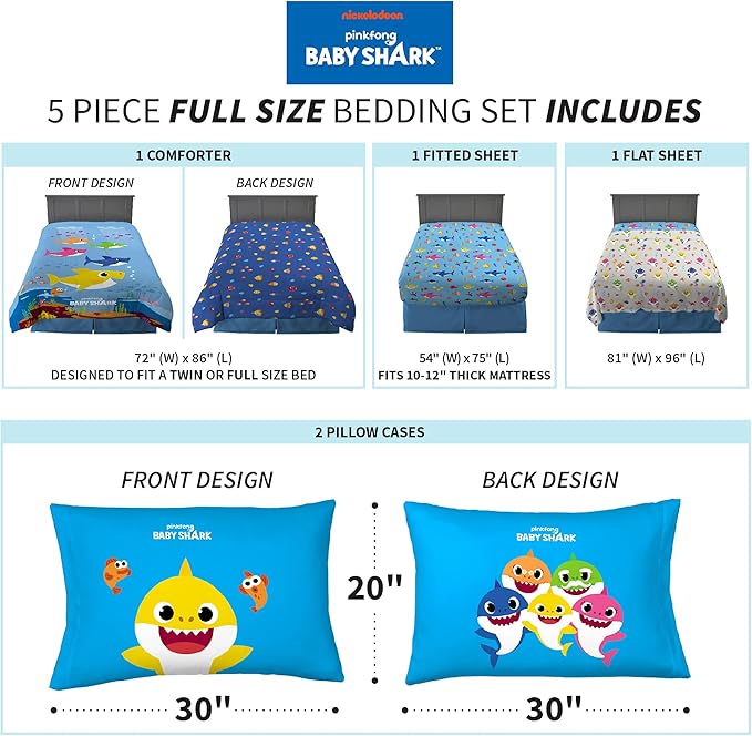 Franco Kids Bedding Super Soft Comforter and Sheet Set, 5 Piece Full Size, Baby Shark