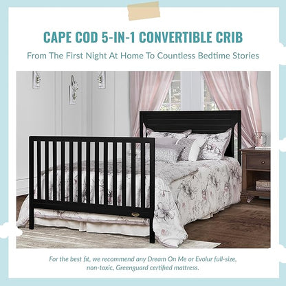 Cape Cod 5-In-1 Convertible Crib In Black, Greenguard Gold And JPMA Certified, Built Of Sustainable New Zealand Pinewood, 3 Mattress Height Positions