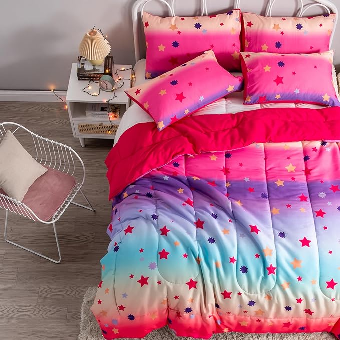 Full Comforter Set for Girls Rainbow Bedding Set 3 Pieces with Multicolor Stars Pink Comforter Set Full Size with Pillowcase for Kids, Teenagers