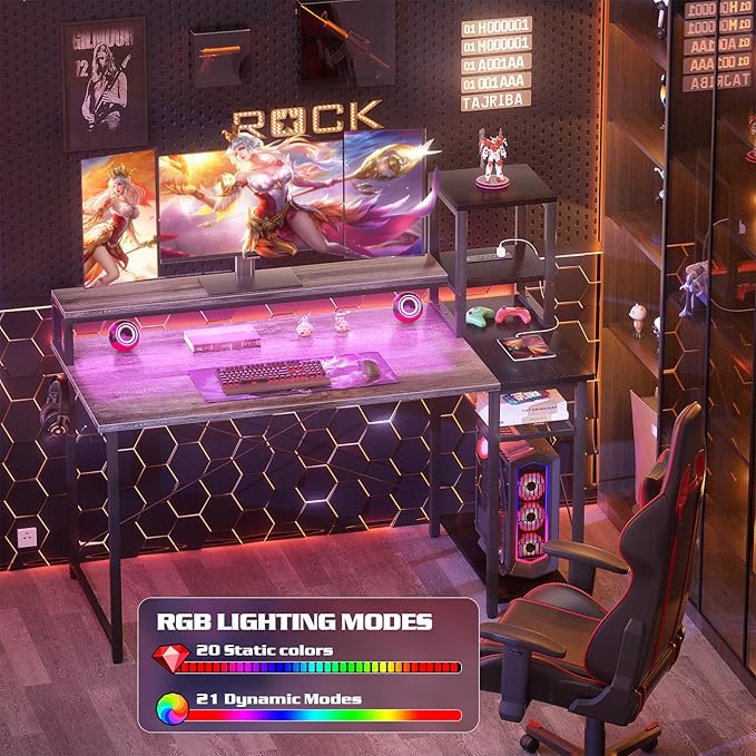 armocity 2024 Upgrade Gaming Desk with LED Lights, Small Computer Desk with Long Monitor Stand, 47.2'' Reversible Laptop Table with Storage Shelves, Small Desk for Small Spaces, Gaming Room, Grey