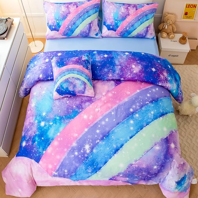 Tie Dye Comforter Girls Twin Comforter Set, 6 Pieces Colorful Rainbow Bed in A Bag, Pastel Gradient Galaxy Bedding Sets with Sheets, Comforter and Pillowcases for Teens Kids