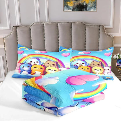 Rainbow Cat Comforter Full Size - Rainbow Cat Bedding for Girls Room Cute Cartoon Rainbow Bedding Full Comforter Sets for Kids, 1 Comforter+2 Pillowcases