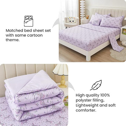 Mooreeke Full Size Comforter Sets for Girls Kids, 8 Pieces Bed in a Bag Purple Floral Unicorn Bedding Comforter Sheet Set with Shams and Decorative Toy Pillow, Ultral Soft Microfiber Kids Bed Set