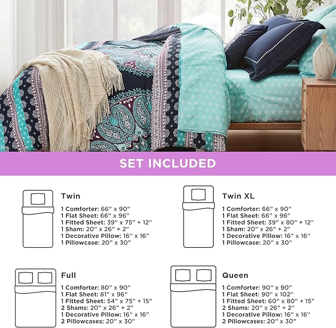 Degrees of Comfort Teen Twin Complete Comforter Sets for Girls, Boho Medallion Tween Bed in A Bag 6 Piece, Blue Microfiber Bedding Set with Sheets, Matching Decorative Pillow