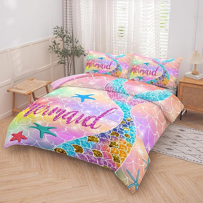 NINENINE Mermaid Tail Bedding Sets for Teens Girls,Full Size Princess Comforter Set,Rainbow Glitter Bedding Sets for Girls,Kids Fish Scales Bedding Sets with 1 Comforter 2Pillowcases