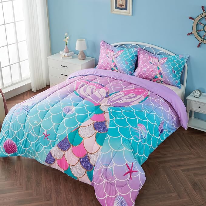 Full Size Comforter Sets for Girls Mermaid Tail Rainbow Scales Bedding Set 3 Pieces Full Comforter with 2 Pillowcases for Kids, Teenagers