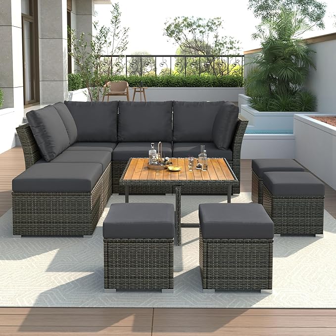 9-Pieces Outdoor Rattan Sectional Sofa Set, Wicker Patio Conversation Furniture with L-shape Couch&Storage Ottomans, Acacia Wood Coffee Table, for Garden Yard, Grey Wicker&Grey Cushion