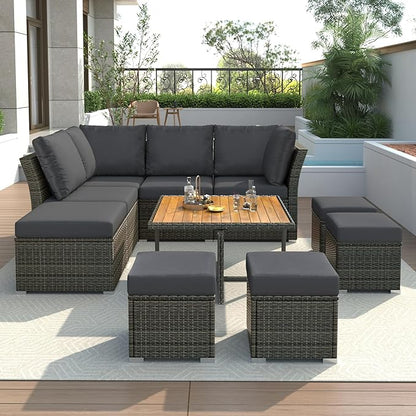 9 Pieces Outdoor Furniture All Weather Patio Sectional Sofa PE Wicker Modular Conversation Sets with Coffee Table and Storage Ottoman, Onesize, Ze-Black