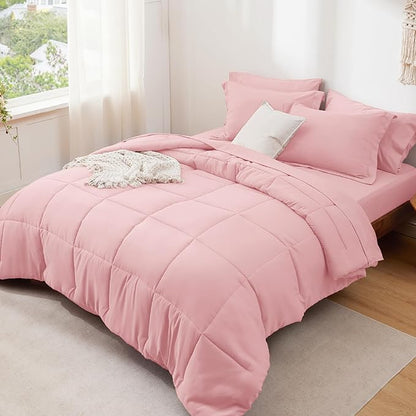 Bedsure Pink Full Size Comforter Set - 7 Pieces Solid Full Bed in a Bag, Full Bed Set Pink with Comforters, Sheets, Pillowcases & Shams