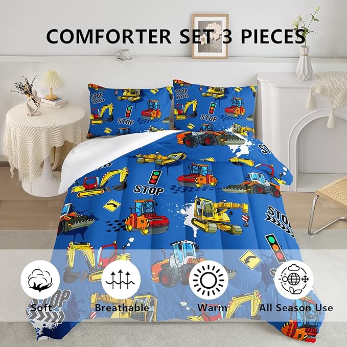 Axolotl Blue Excavator Bedding Queen,3Pcs Boys Construction Comforter Set,Cartoon Machinery Truck Bedding Set for Boys Kids Children Teens Bedroom Decor Cars Quilt Set with 1 Comforter 2 Pillowcase