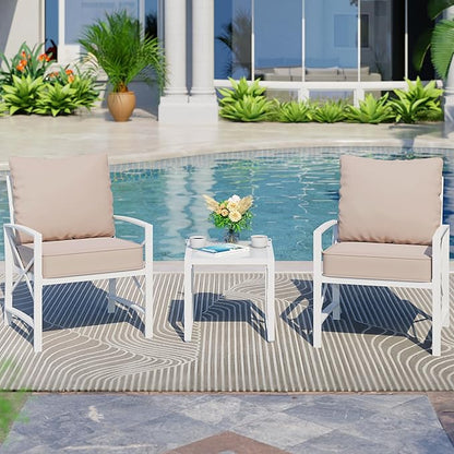 Shintenchi 3 Piece White Metal Outdoor Furniture Sectional Set, Modern Outdoor Metal Chair Conversation Furniture Set with Coffee Table for Patio,Backyard,Balcony (Khaki)