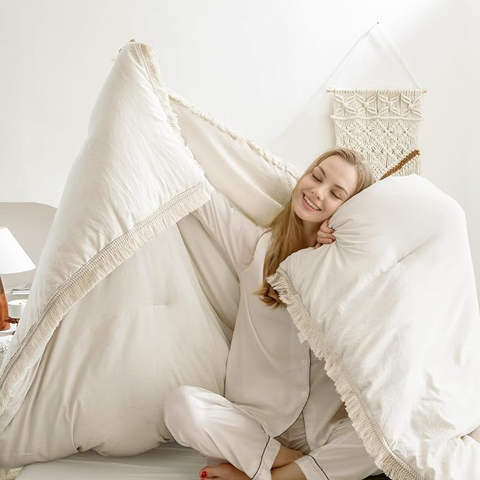 Andency Queen Comforter Set Beige, 3 Pieces Boho Lightweight Fluffy Bedding Comforters & Sets, Soft Tassel All Seasons Bed Set Gift Choice (90x90In Comforter & 2 Pillowcases)