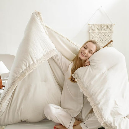 Andency King Size Comforter Set Beige, 3 Pieces Boho Lightweight Tassel Fluffy Bedding Comforters & Sets, Soft All Season Bed Set (104x90In Comforter & 2 Pillowcases)