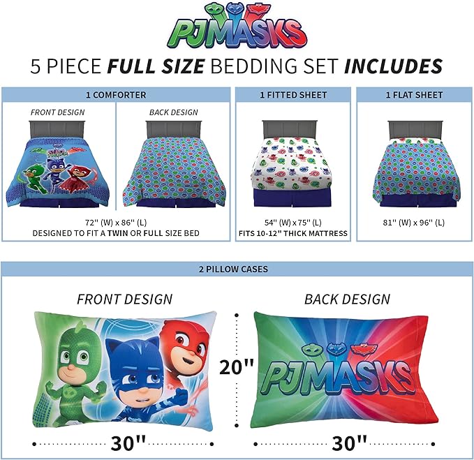 Franco Kids Bedding Super Soft Comforter and Sheet Set, 5 Piece Full Size, PJ Masks