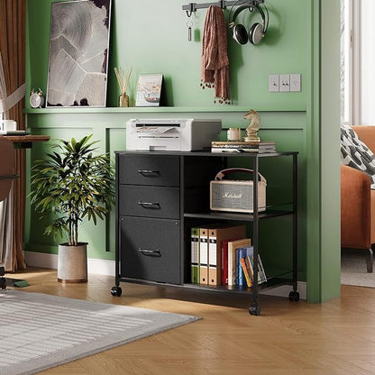 DEVAISE 3 Drawer Mobile File Cabinet, Rolling Printer Stand with Open Storage Shelf, Fabric Lateral Filing Cabinet fits A4 or Letter Size for Home Office, Black