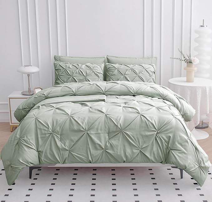 LANE LINEN King Size Comforter Set, 7 Piece Bed in a Bag King Size Set, Pintuck King Bed Set, Soft King Bedding Set, Pinch Pleated King Size Comforter Set with Sheets, Pillowcases & Shams - Mineral