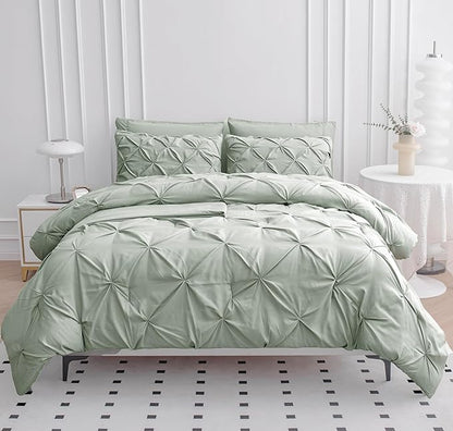 LANE LINEN King Size Comforter Set, 7 Piece Bed in a Bag King Size Set, Pintuck King Bed Set, Soft King Bedding Set, Pinch Pleated King Size Comforter Set with Sheets, Pillowcases & Shams - Mineral
