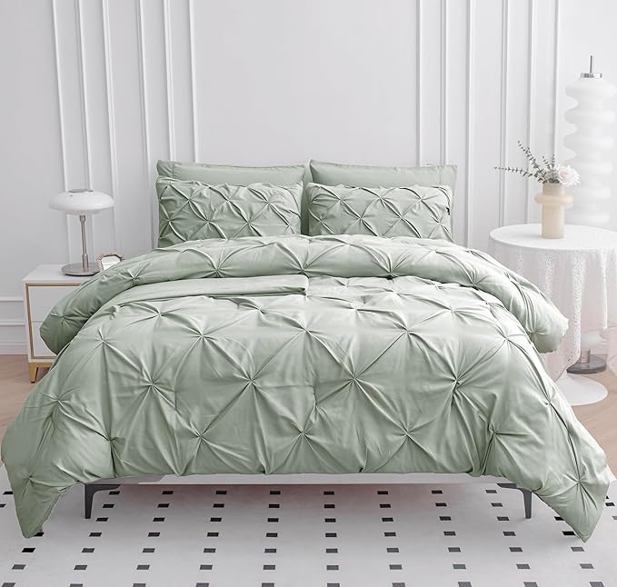 LANE LINEN California King Comforter Set, 7 Piece Cal King Bed in a Bag, Pintuck Cal King Bedding Set, Soft Cali King Bed Set, Cal King Bed Comforter Sets with Sheets, Pillowcases & Shams - Mineral