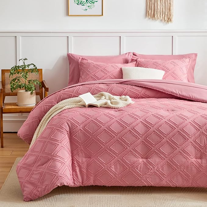 7 Pieces Tufted Bed in a Bag Queen Comforter Set with Sheets Pink, Soft and Embroidery Shabby Chic Boho Bohemian, Luxury Solid Color with Diamond Pattern, Jacquard Tufts Bedding Set for All Season