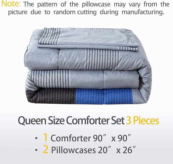 Andency Stripe Comforter Set Queen Size (90x90 Inch), 3 Pieces Gray and Blue Patchwork Striped Comforter, Soft Microfiber Down Alternative Comforter Bedding Set with Corner Loops