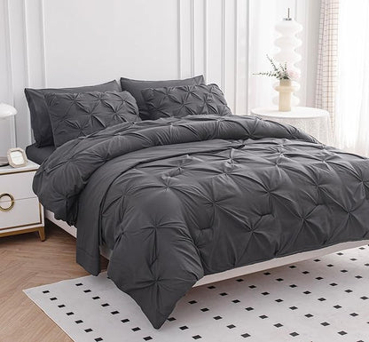LANE LINEN Twin Comforter Set with Sheets, 5 Piece Twin Bed in a Bag Set, Pintuck Twin Bedding Sets, Ultra Soft Twin Bed Set, Fluffy Comforter, Twin Size Comforter Set with Pillowcases & Shams - Grey