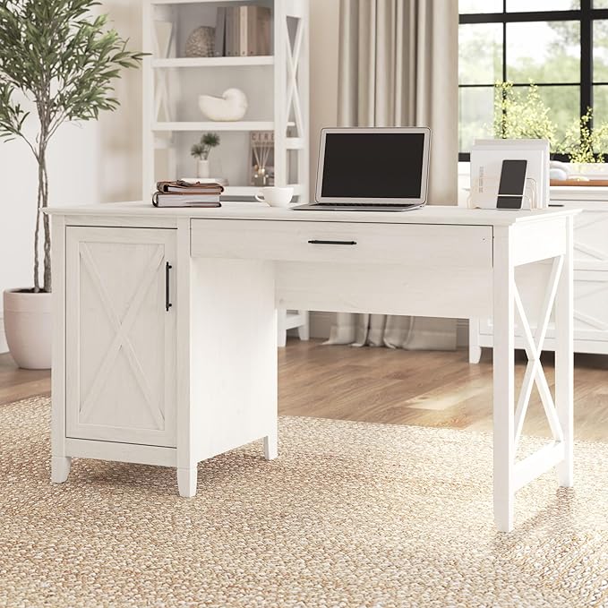 Bush Furniture Key West 2 Lateral File Cabinet | Document Storage for Home Office | Accent Chest with Drawers, Casual, Linen White Oak & Key West Computer Desk with Storage | Small