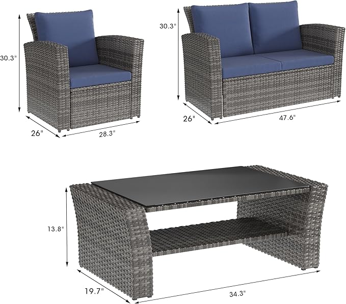 Solaste 4 Piece Outdoor Patio Furniture Set, Outdoor Sectional Sofa with Tempered Glass Coffee Table and Cushions, Wicker Rattan Patio Set for Backyard, Front Porch, Balcony, Blue