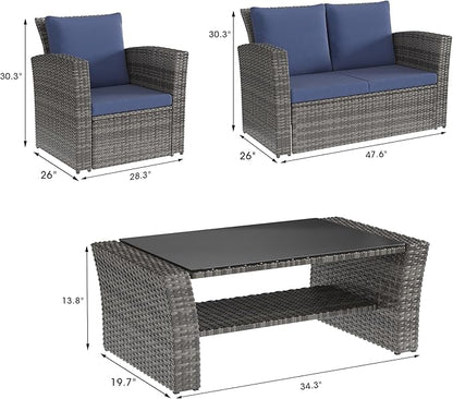 Solaste 4 Piece Outdoor Patio Furniture Set, Outdoor Sectional Sofa with Tempered Glass Coffee Table and Cushions, Wicker Rattan Patio Set for Backyard, Front Porch, Balcony, Blue
