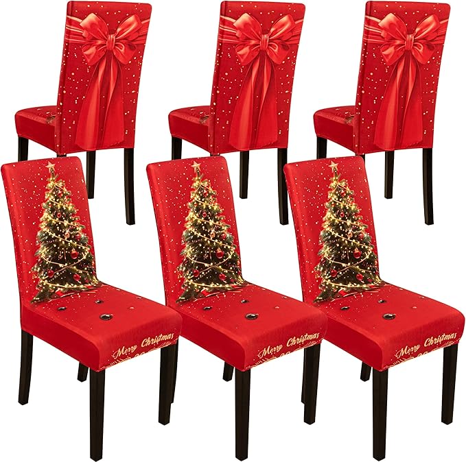 6PCS Christmas Dining Chair Covers Stretch Removable Washable Dining Room Chair Protector Slipcover 3D Print Xmas Tree Bow Tie Kitchen Chair Cover Slipcovers for Xmas Holiday Party Home Décor