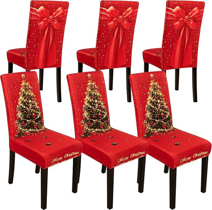6PCS Christmas Dining Chair Covers Stretch Removable Washable Dining Room Chair Protector Slipcover 3D Print Xmas Tree Bow Tie Kitchen Chair Cover Slipcovers for Xmas Holiday Party Home Décor