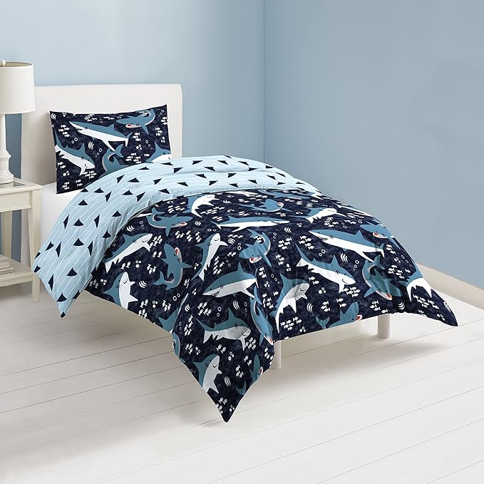 Dream Factory Sharks Boys Full Queen Size Boys Bedding Set Cotton Kids Comforter Set with Sham, 3 Piece, Full/Queen, Navy