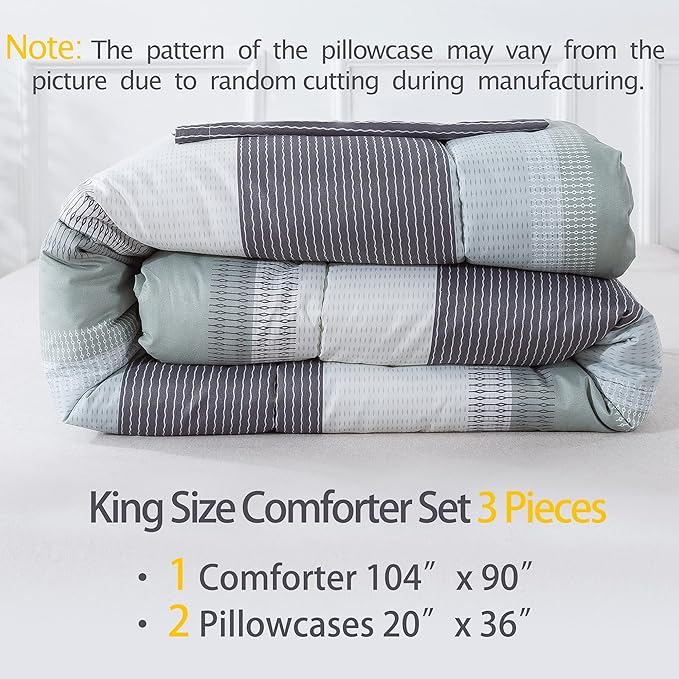Andency Stripe Comforter Set King Size (104x90 Inch), 3 Pieces Mint Green Patchwork Striped Comforter, Soft Microfiber Down Alternative Comforter Bedding Set with Corner Loops