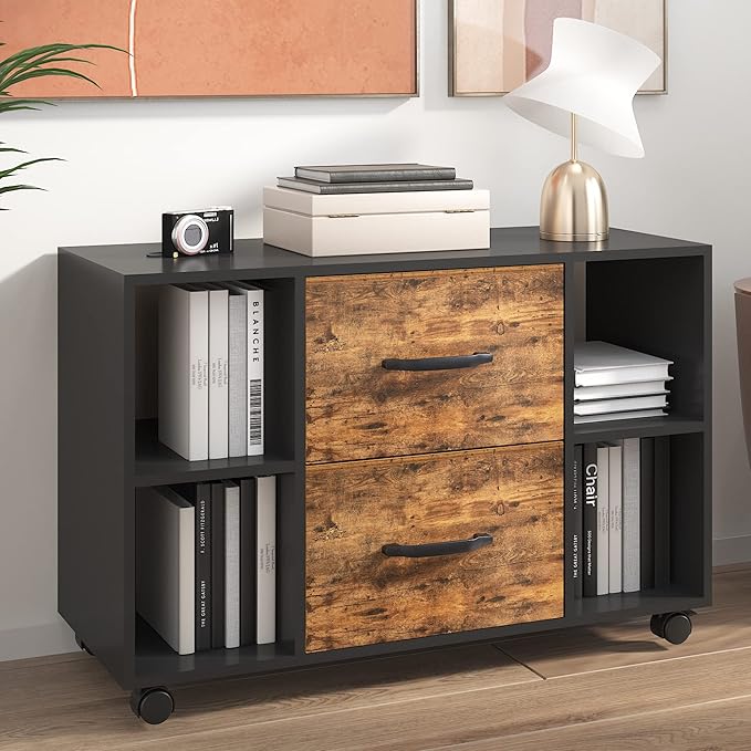 sogesfurniture Mobile Lateral Filing Cabinet with 2 Drawers,Lateral Office Cabinet Printer Stand, Multifunctional Storage Cabinet with Open Shelves and Castors for Home & Office (Brown)