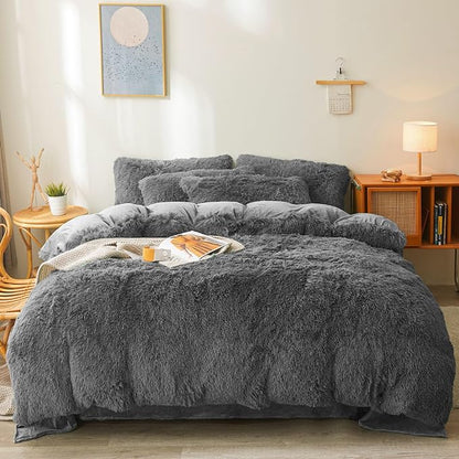 Fluffy Faux Fur dark grey Comforter Cover Set Queen - Ultra Soft Plush dark grey Bedding Sets 3 Pieces (1 fluffy duvet cover + 2 Faux Fur Pillow case) Cute dark grey Bed Set (Dark Grey, Queen)