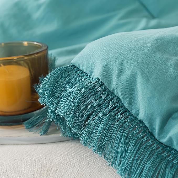 Andency Aqua Tassel Comforter Set Queen(90x90Inch), 3 Pieces(1 boho Comforter, 2 Pillowcases) Farmhouse Shabby Chic Comforter Set, Soft Microfiber Lightweight Fringe Bedding Comforter Set