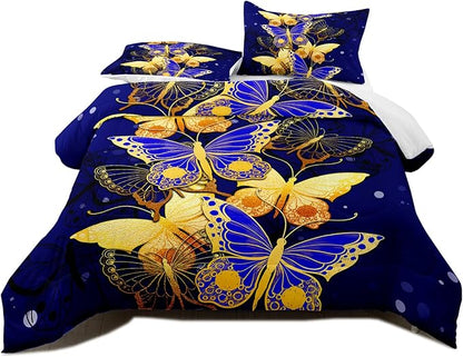 Butterfly Comforter Set, Bed Comforter Twin Set Bedroom Blue Gold Butterfly Bedding Sets for Girls Teens Retro Vintage Soft Quilt Set Twin Size, 2 Piece 1 Comforter + 1 Pillowcase