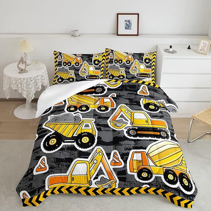 Datura home Kids Construction Truck Comforter Set for Boys Kids,Excavators Truck Machinery Vehicles Tractor Printed Bedding Set with 1 Comforter and 2 Pillowcases(Truck Yellow Full), Full 80x90inches