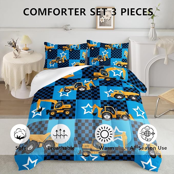 Axolotl Excavator Comforter Set Queen Size,Blue Plaid Comforter Set with Star,Excavator Bedding Set for Kids Boys Teens,Construction Vehicle Comforter Set for Boys,1 Quilt 2 Pillowcases