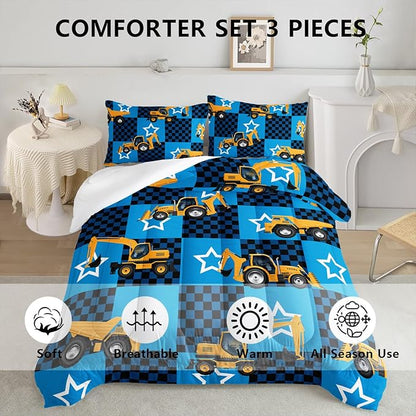 Axolotl Excavator Comforter Set Queen Size,Blue Plaid Comforter Set with Star,Excavator Bedding Set for Kids Boys Teens,Construction Vehicle Comforter Set for Boys,1 Quilt 2 Pillowcases