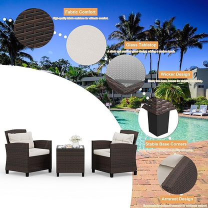 Shintenchi 3 Pieces Patio Furniture Set 3 Pieces PE Rattan Wicker Chairs with Table Outdoor Furniture for Backyard/Garden/Poolside/Outdoor Restaurant Brown Rattan with White Cushion