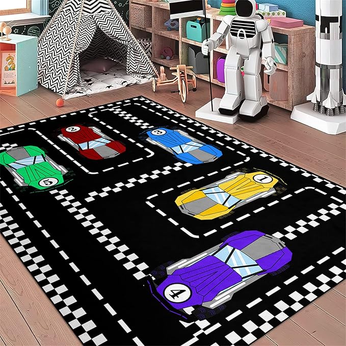 Car Rug Race Car Rug Car Track Rugs for Boys Race Track Carpet Race Car Track Rug Car Rug for Boys Room Car Rug Play Mat Car Carpet for Kids Rugs for Boys Bedroom,Black 2'5''×4'