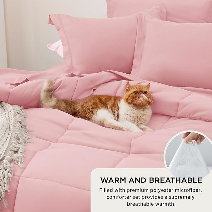 Bedsure Pink Full Size Comforter Set - 7 Pieces Solid Full Bed in a Bag, Full Bed Set Pink with Comforters, Sheets, Pillowcases & Shams
