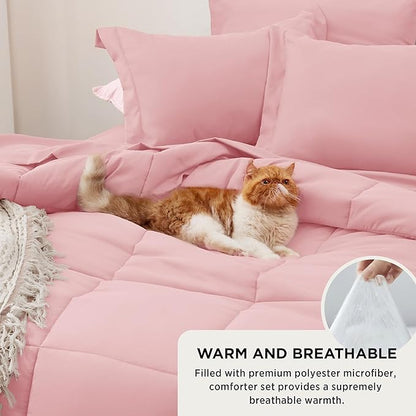 Bedsure Pink Full Size Comforter Set - 7 Pieces Solid Full Bed in a Bag, Full Bed Set Pink with Comforters, Sheets, Pillowcases & Shams