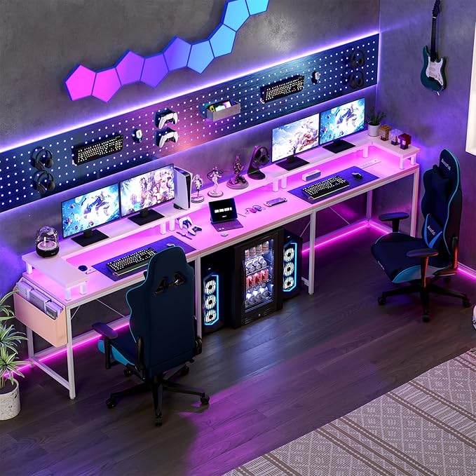 U Shaped Computer Gaming Desk, Reversible L Shaped Desk with Power Outlets, LED Strip & Monitor Stand, Large Corner Desk with Storage Shelves for Home Office,Deep Pink